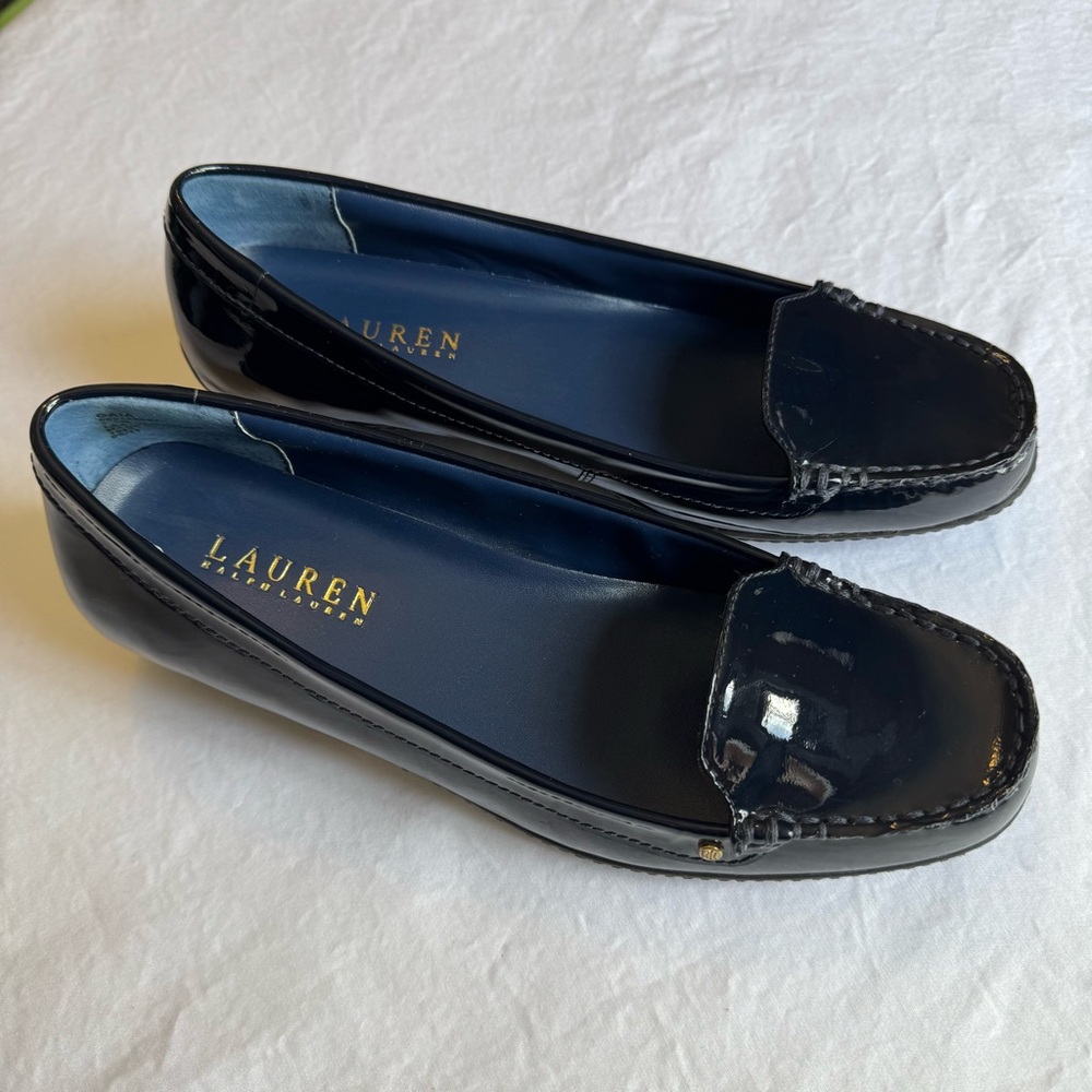 Lauren Ralph Lauren Patent Leather Classic Flats Loafers Shoes Navy Blue S 7.5